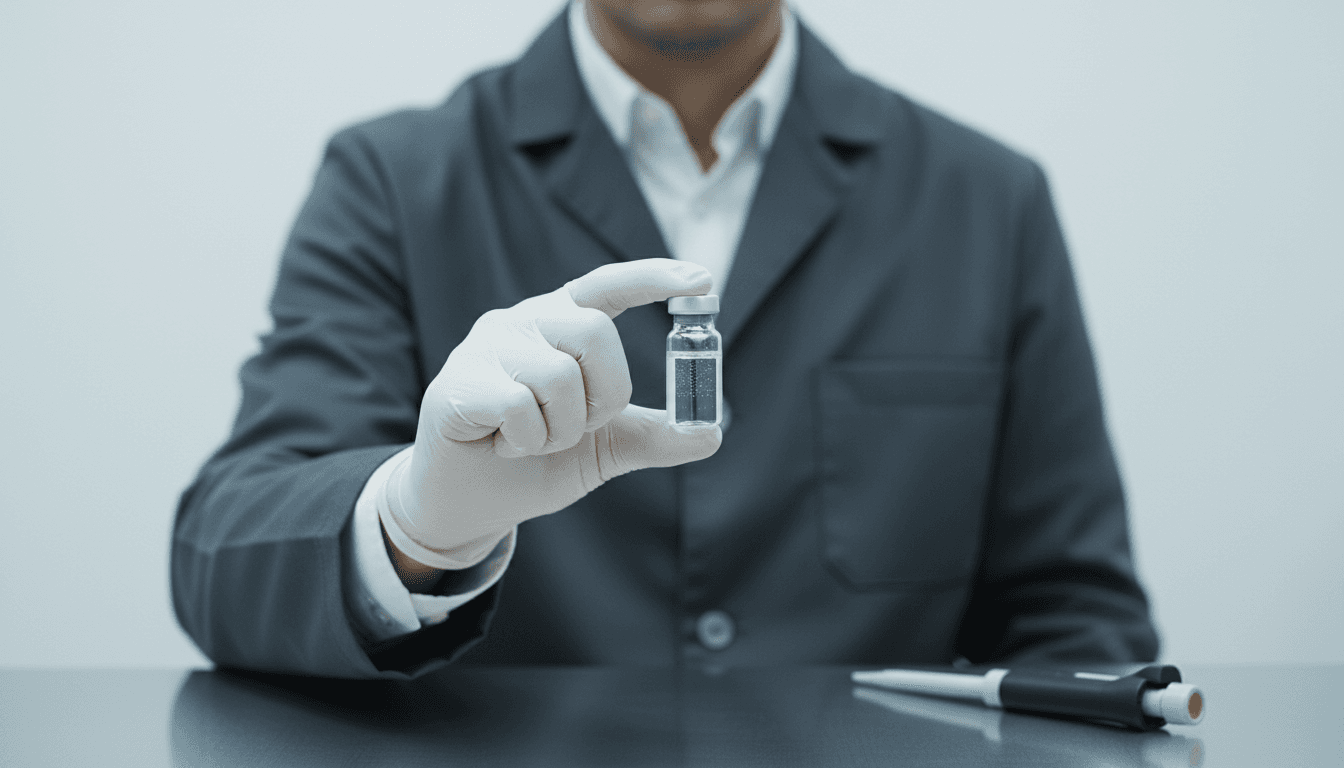 Researcher examining high-purity peptide vial in laboratory setting