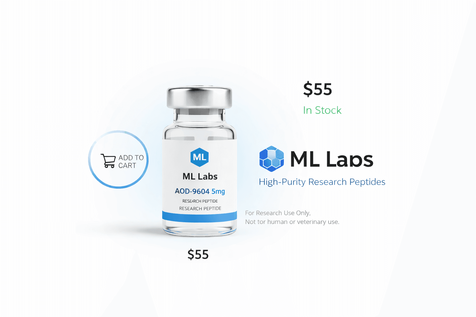 ML Labs AOD-9604 5mg research peptide vial shown with price, availability, and cart button.