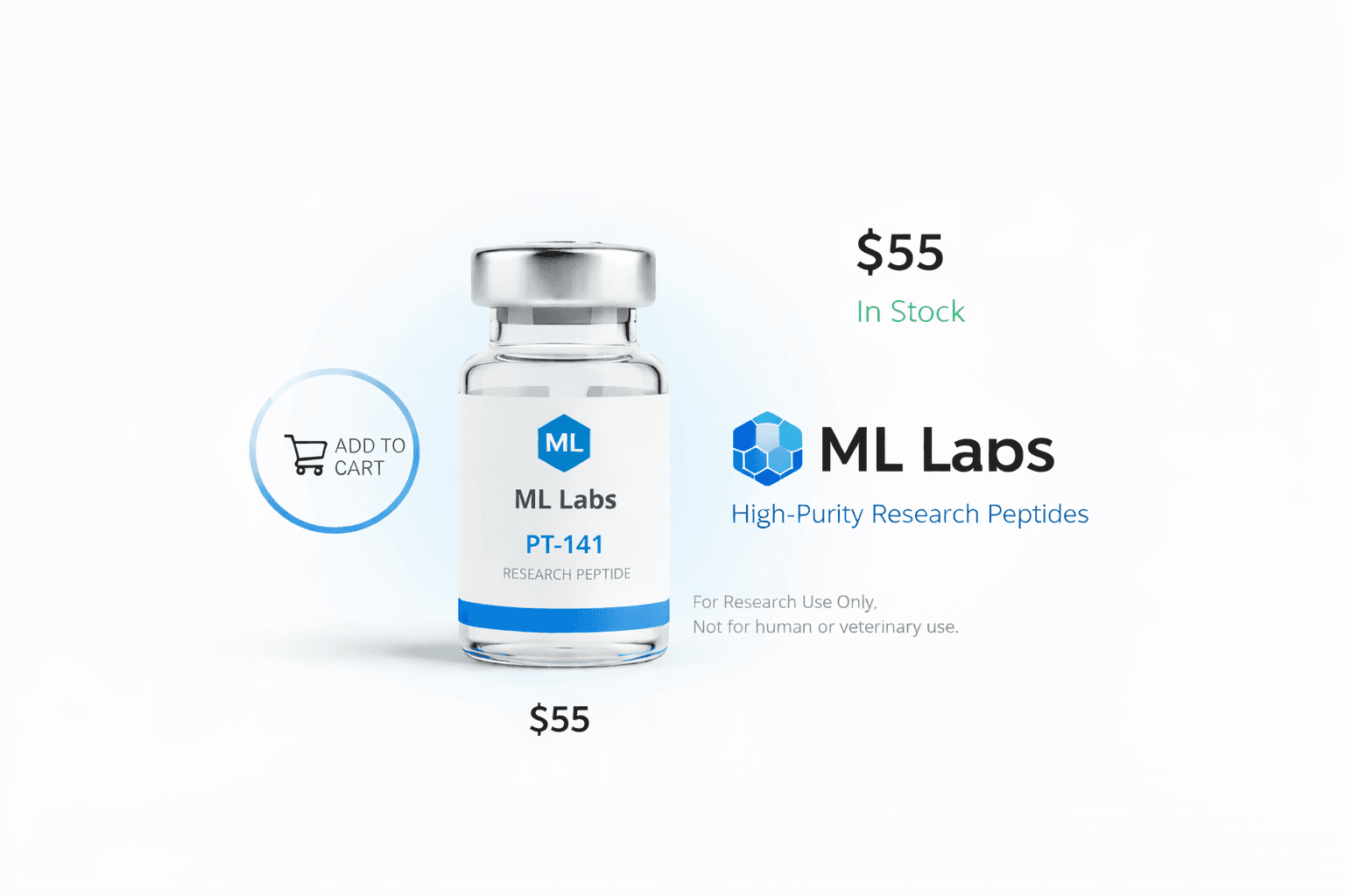 ML Labs PT-141 research peptide vial priced at $55 for research use only.